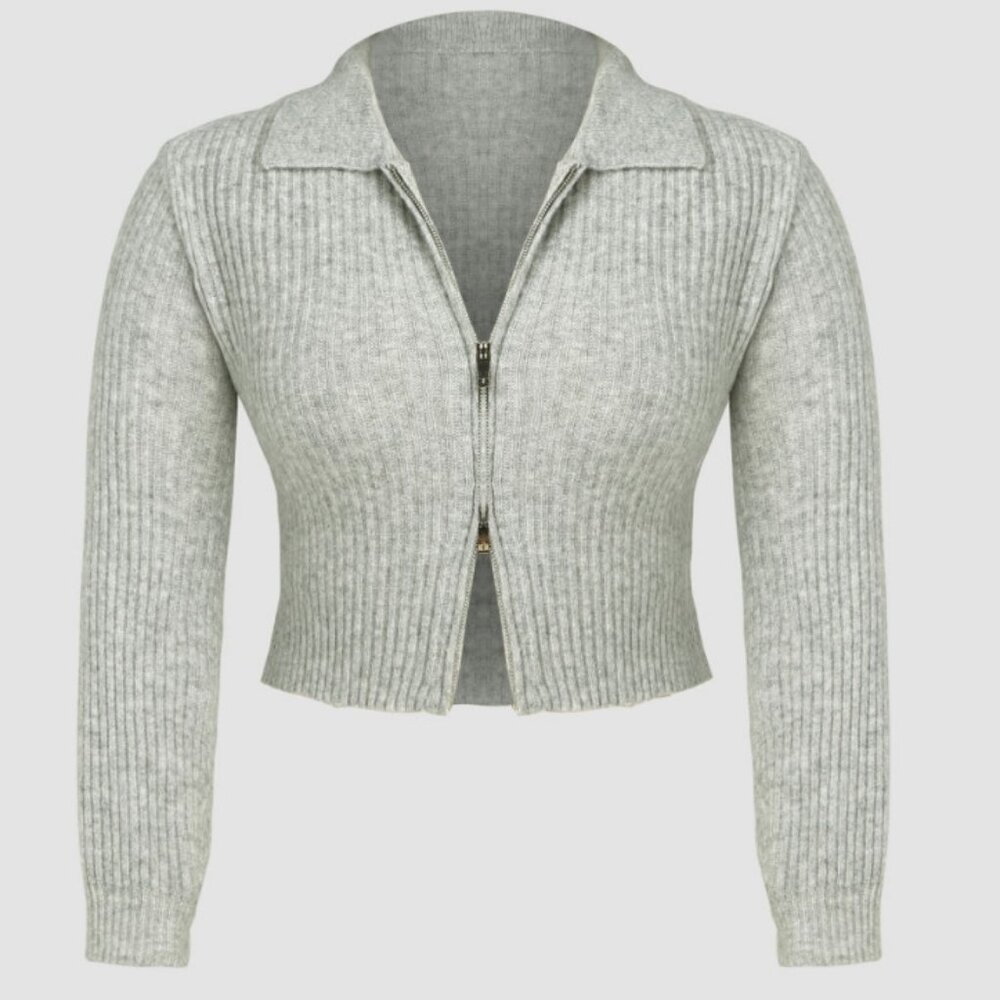 Wool‑Blend Zip‑Front Collared Knit Top | Cider | Long Sleeve